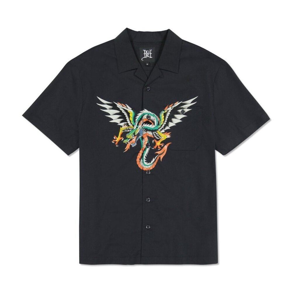 NWT Ed Hardy Dragon Twill Men's Short Sleeve Button Down Black Shirt Size XL